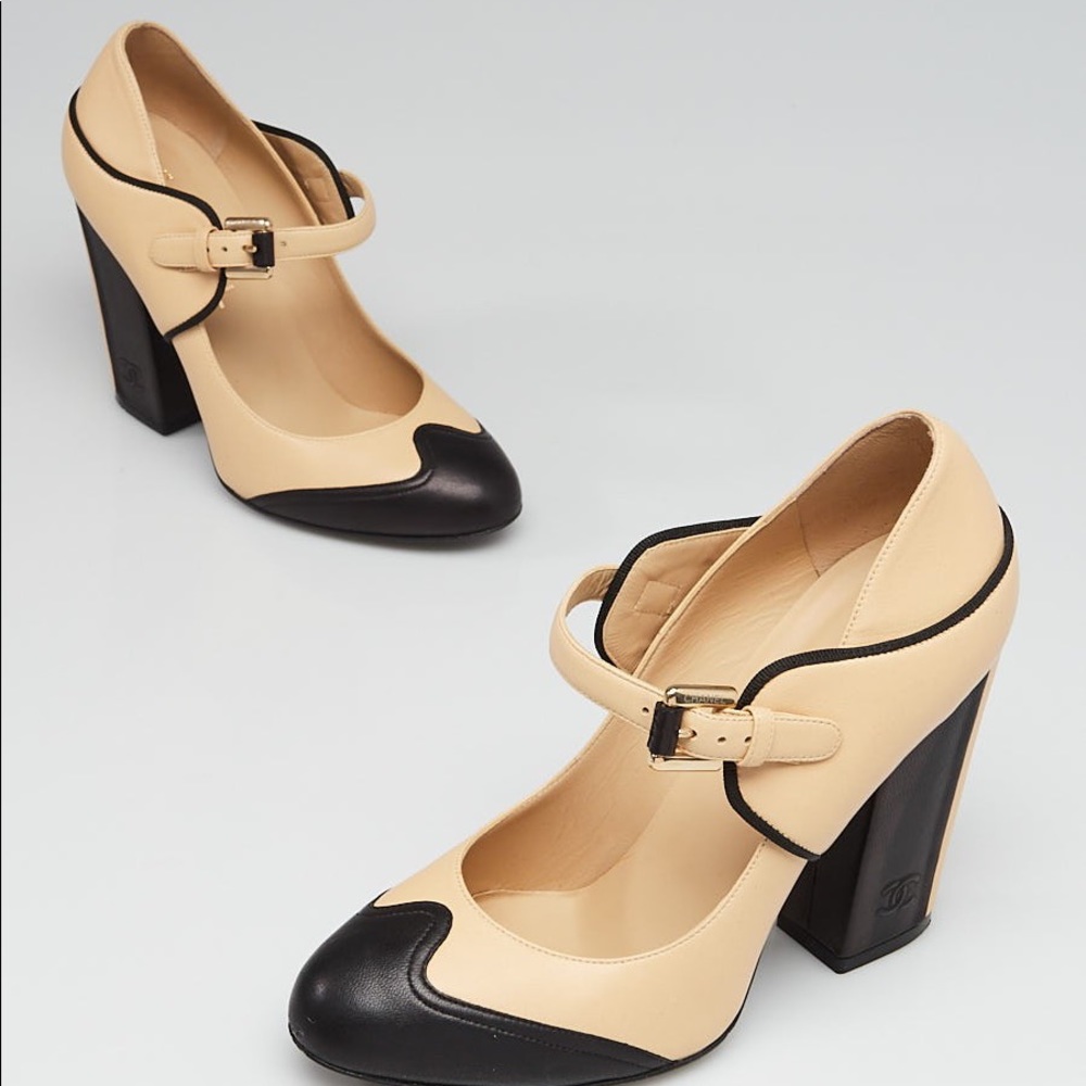 Chanel Beige and Black Mary Jane Heels.